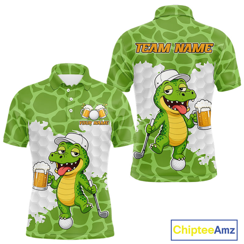 Custom Funny Alligator Drinking Beer Men Golf Polo Shirt  Personalized Team Uniform| Green NHT1616