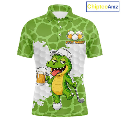 Custom Funny Alligator Drinking Beer Men Golf Polo Shirt  Personalized Team Uniform| Green NHT1616