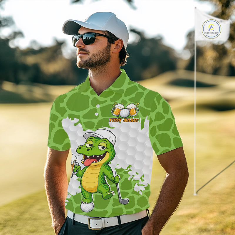 Custom Funny Alligator Drinking Beer Men Golf Polo Shirt  Personalized Team Uniform| Green NHT1616