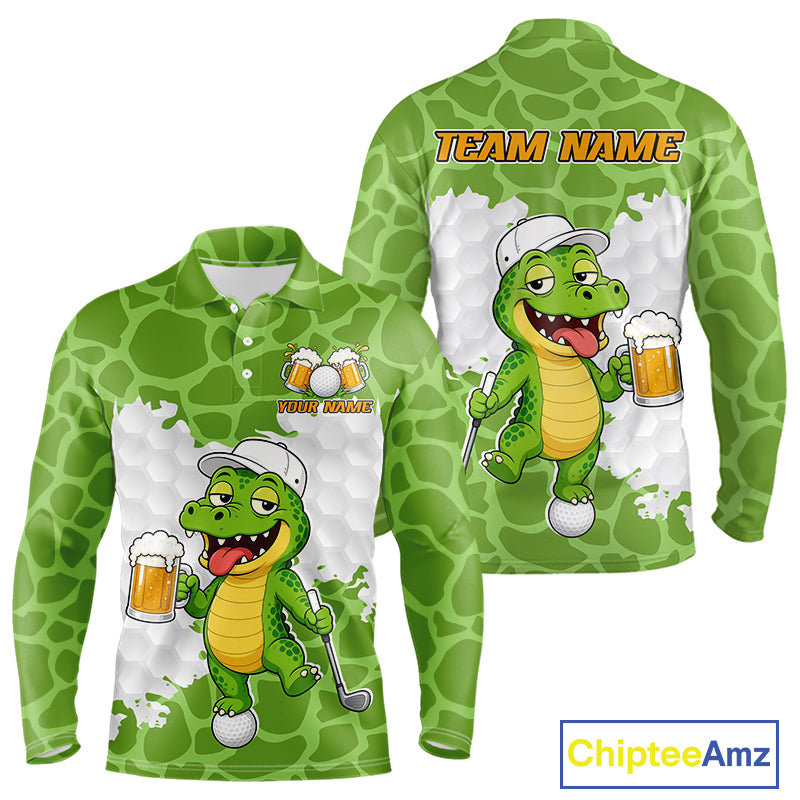 Custom Funny Alligator Drinking Beer Men Golf Polo Shirt  Personalized Team Uniform| Green NHT1616