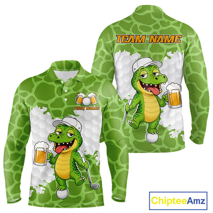 Custom Funny Alligator Drinking Beer Men Golf Polo Shirt  Personalized Team Uniform| Green NHT1616