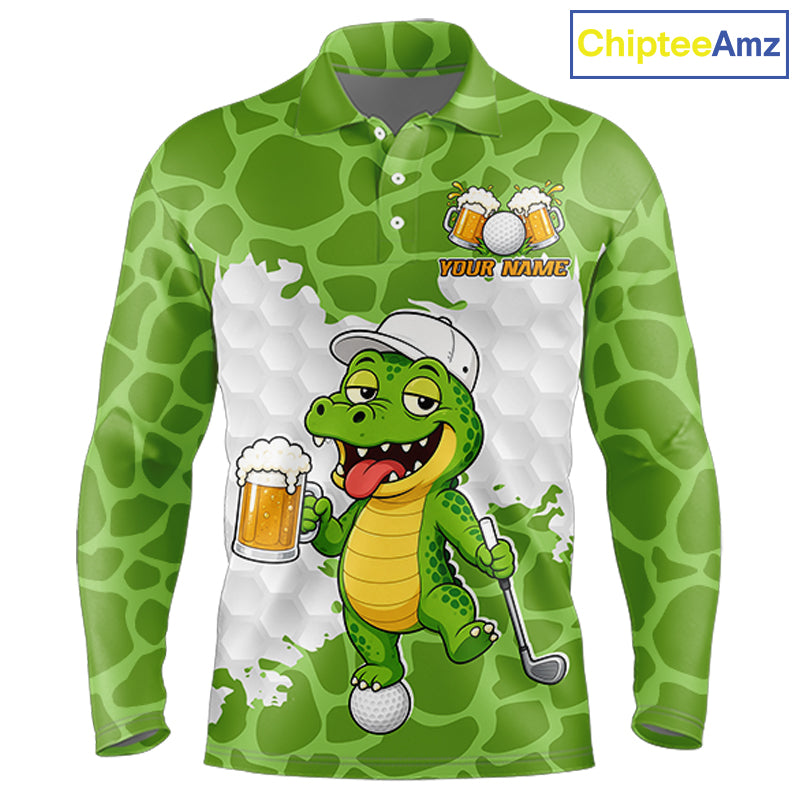 Custom Funny Alligator Drinking Beer Men Golf Polo Shirt  Personalized Team Uniform| Green NHT1616