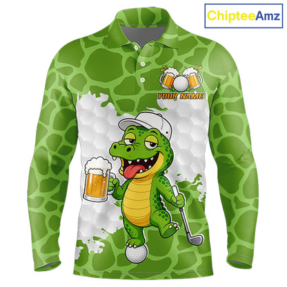 Custom Funny Alligator Drinking Beer Men Golf Polo Shirt  Personalized Team Uniform| Green NHT1616