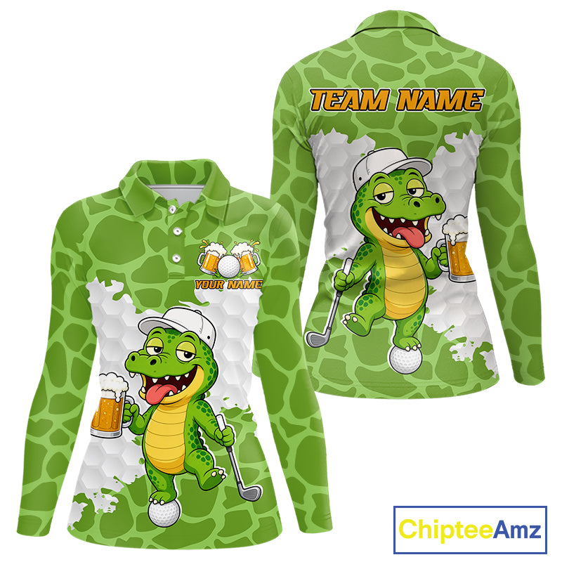 Custom Funny Alligator Drinking Beer Women Golf Polo Shirt  Personalized Team Uniform| Green NHT1616