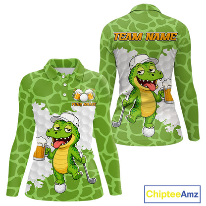 Custom Funny Alligator Drinking Beer Women Golf Polo Shirt  Personalized Team Uniform| Green NHT1616