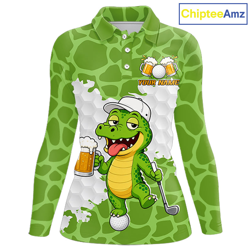 Custom Funny Alligator Drinking Beer Women Golf Polo Shirt  Personalized Team Uniform| Green NHT1616