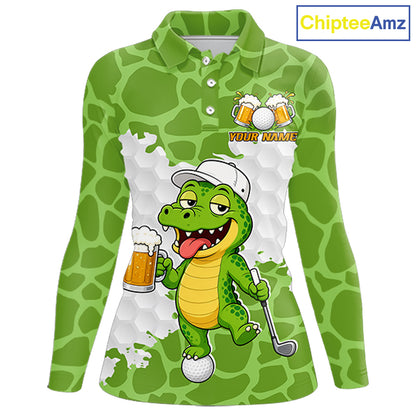 Custom Funny Alligator Drinking Beer Women Golf Polo Shirt  Personalized Team Uniform| Green NHT1616