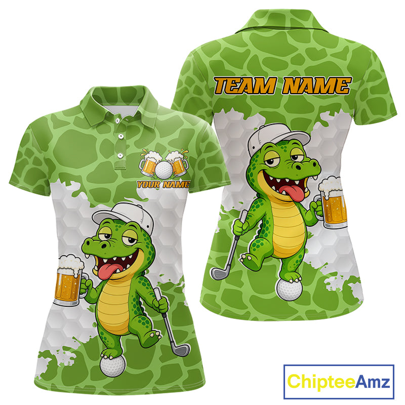 Custom Funny Alligator Drinking Beer Women Golf Polo Shirt  Personalized Team Uniform| Green NHT1616