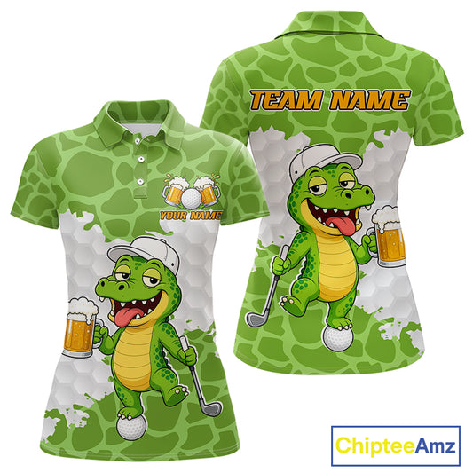 Custom Funny Alligator Drinking Beer Women Golf Polo Shirt  Personalized Team Uniform| Green NHT1616