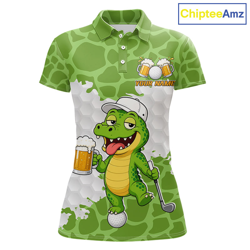 Custom Funny Alligator Drinking Beer Women Golf Polo Shirt  Personalized Team Uniform| Green NHT1616