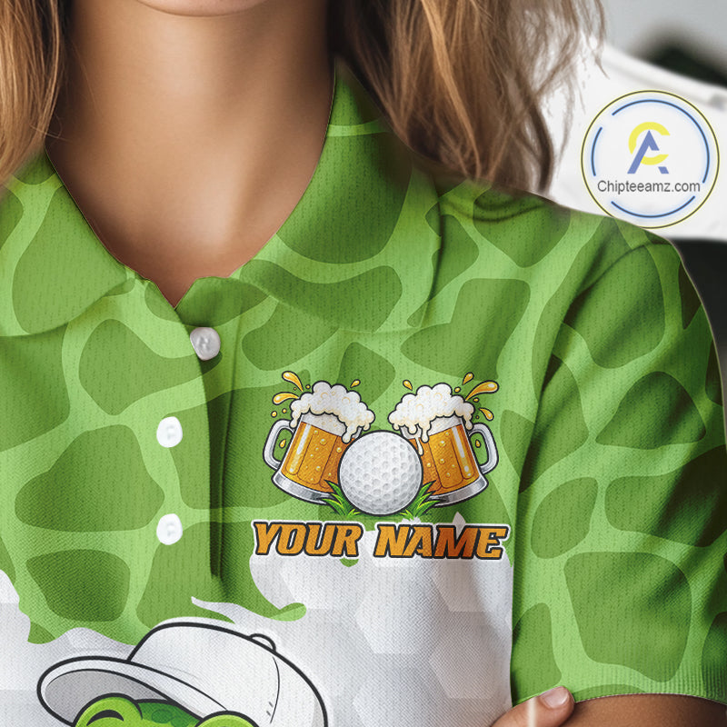 Custom Funny Alligator Drinking Beer Women Golf Polo Shirt  Personalized Team Uniform| Green NHT1616