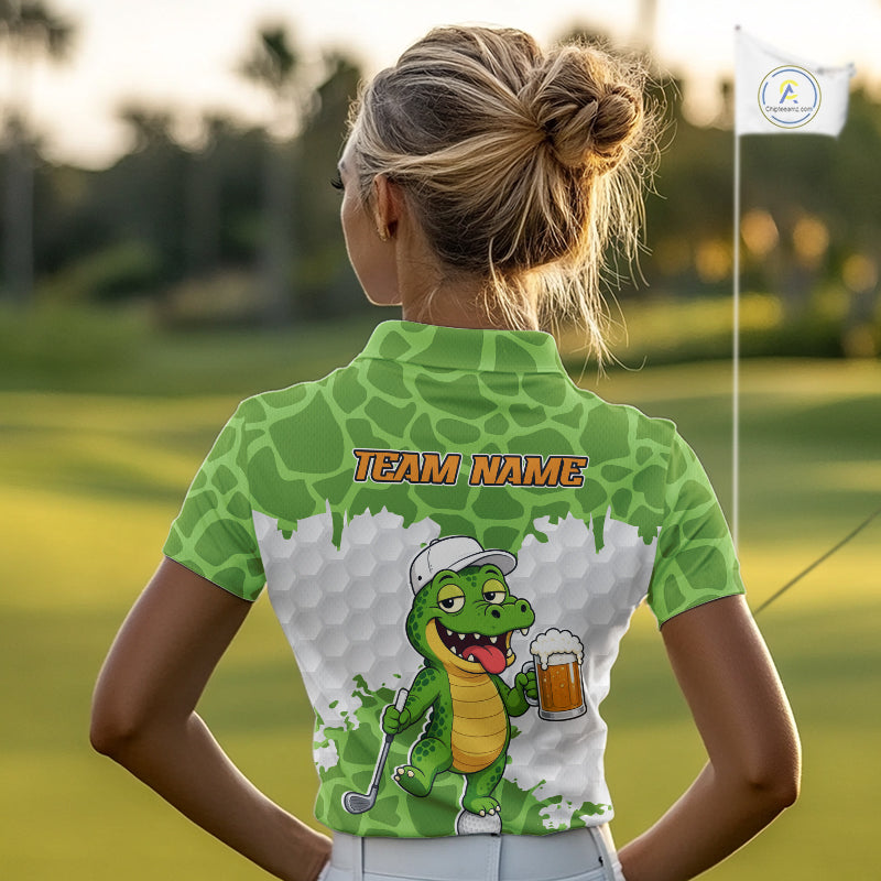 Custom Funny Alligator Drinking Beer Women Golf Polo Shirt  Personalized Team Uniform| Green NHT1616
