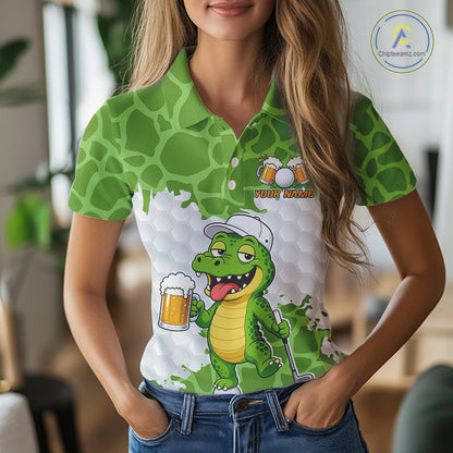 Custom Funny Alligator Drinking Beer Women Golf Polo Shirt  Personalized Team Uniform| Green NHT1616