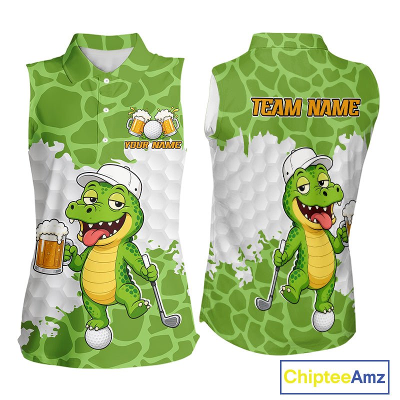 Custom Funny Alligator Drinking Beer Women Sleeveless Golf Polo Shirt  Personalized Team Uniform| Green NHT1616