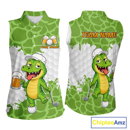Custom Funny Alligator Drinking Beer Women Sleeveless Golf Polo Shirt  Personalized Team Uniform| Green NHT1616