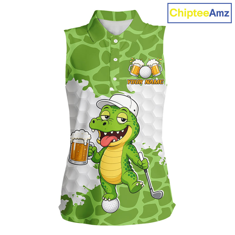 Custom Funny Alligator Drinking Beer Women Sleeveless Golf Polo Shirt  Personalized Team Uniform| Green NHT1616