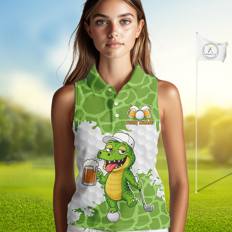 Custom Funny Alligator Drinking Beer Women Sleeveless Golf Polo Shirt  Personalized Team Uniform| Green NHT1616