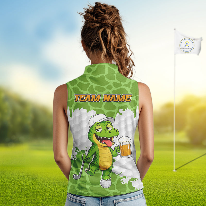 Custom Funny Alligator Drinking Beer Women Sleeveless Golf Polo Shirt  Personalized Team Uniform| Green NHT1616