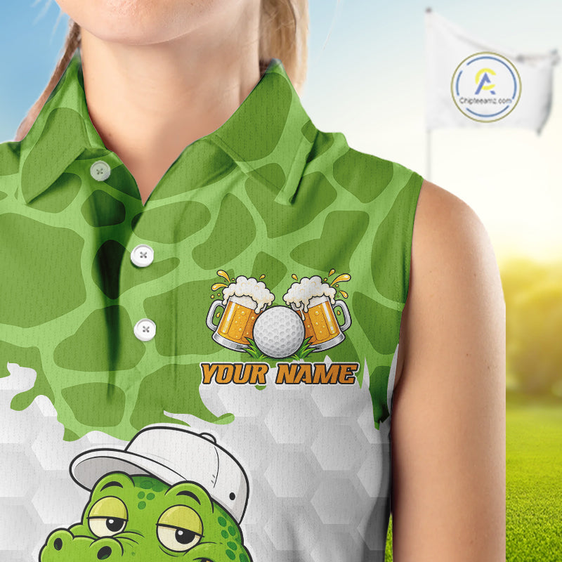 Custom Funny Alligator Drinking Beer Women Sleeveless Golf Polo Shirt  Personalized Team Uniform| Green NHT1616