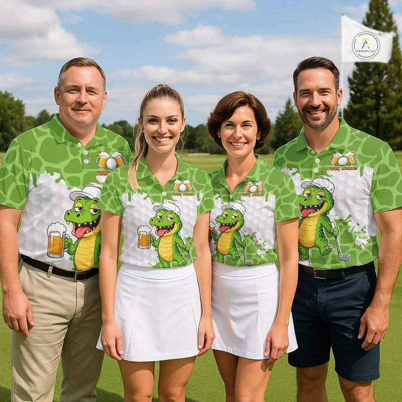 Custom Funny Alligator Drinking Beer Women Golf Polo Shirt  Personalized Team Uniform| Green NHT1616