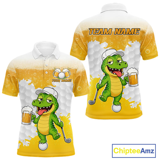 Custom Funny Alligator Drinking Beer Men Golf Polo Shirt  Personalized Team Uniform| Yellow NHT1617