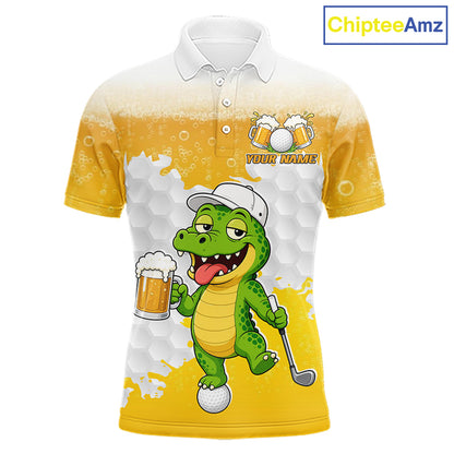 Custom Funny Alligator Drinking Beer Men Golf Polo Shirt  Personalized Team Uniform| Yellow NHT1617