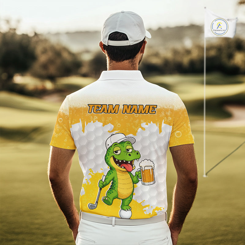 Custom Funny Alligator Drinking Beer Men Golf Polo Shirt  Personalized Team Uniform| Yellow NHT1617