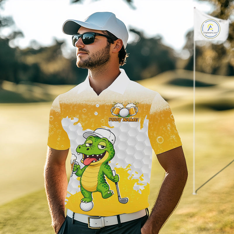 Custom Funny Alligator Drinking Beer Men Golf Polo Shirt  Personalized Team Uniform| Yellow NHT1617