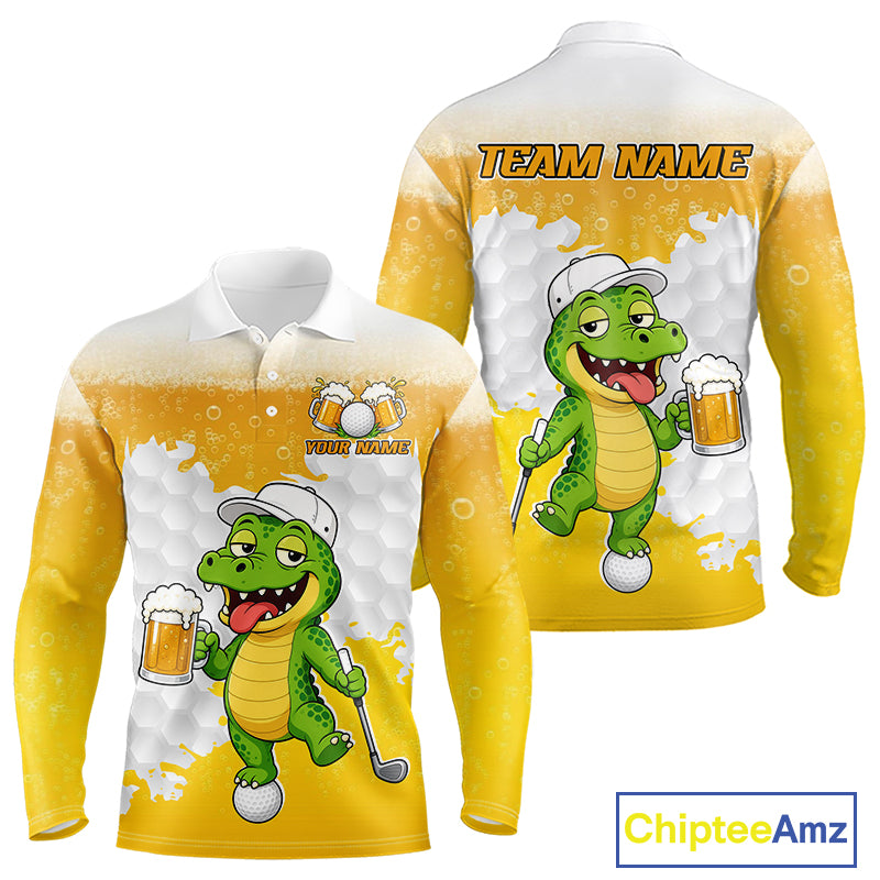 Custom Funny Alligator Drinking Beer Men Golf Polo Shirt  Personalized Team Uniform| Yellow NHT1617