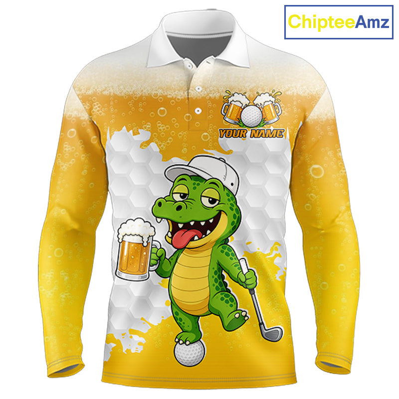 Custom Funny Alligator Drinking Beer Men Golf Polo Shirt  Personalized Team Uniform| Yellow NHT1617