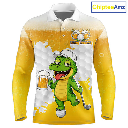 Custom Funny Alligator Drinking Beer Men Golf Polo Shirt  Personalized Team Uniform| Yellow NHT1617