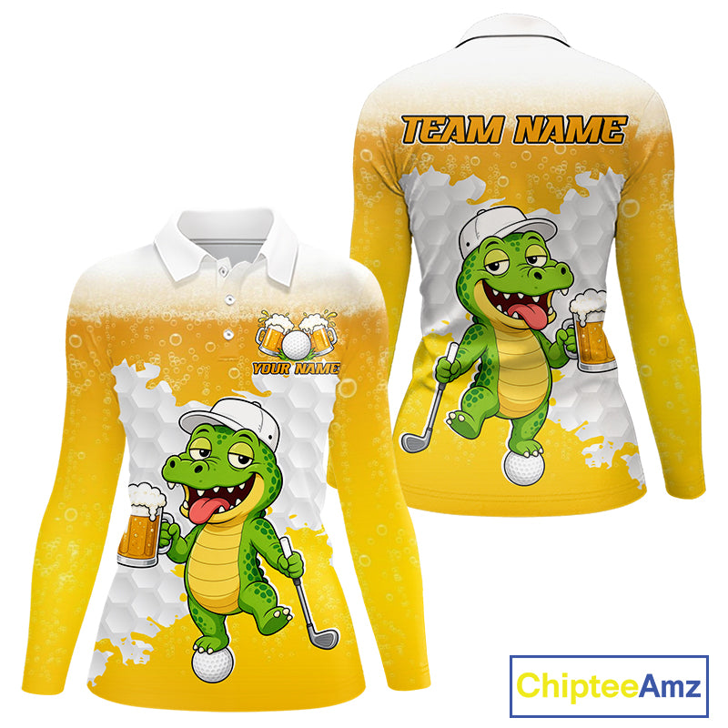 Custom Funny Alligator Drinking Beer Women Golf Polo Shirt  Personalized Team Uniform| Yellow NHT1617