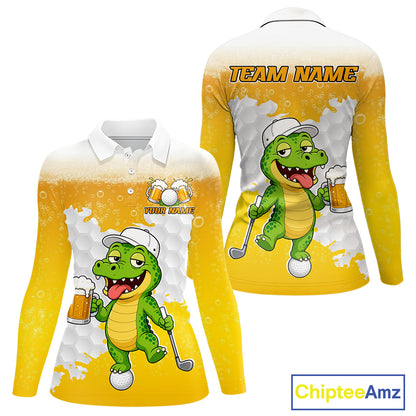 Custom Funny Alligator Drinking Beer Women Golf Polo Shirt  Personalized Team Uniform| Yellow NHT1617