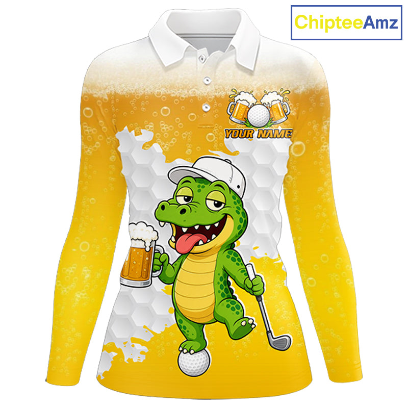 Custom Funny Alligator Drinking Beer Women Golf Polo Shirt  Personalized Team Uniform| Yellow NHT1617
