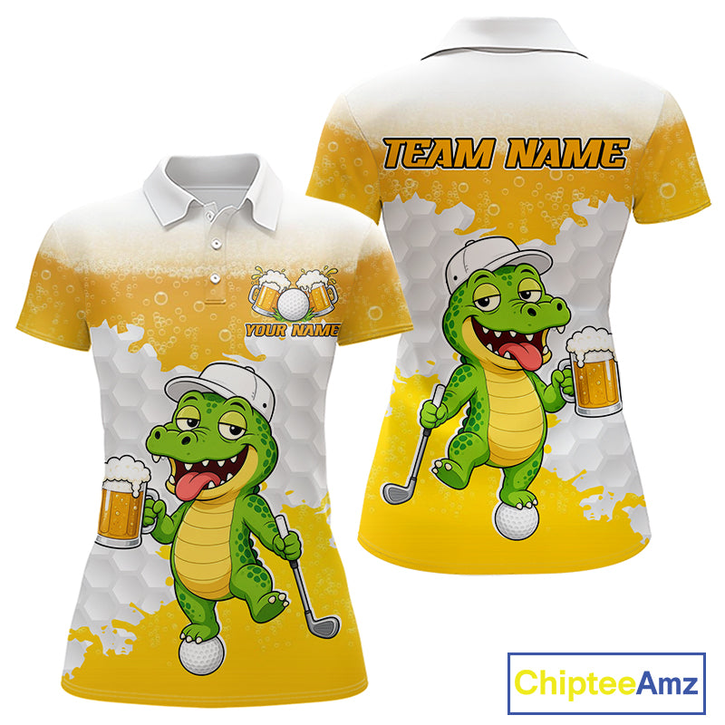 Custom Funny Alligator Drinking Beer Women Golf Polo Shirt  Personalized Team Uniform| Yellow NHT1617