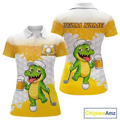 Custom Funny Alligator Drinking Beer Women Golf Polo Shirt  Personalized Team Uniform| Yellow NHT1617