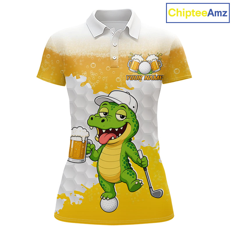 Custom Funny Alligator Drinking Beer Women Golf Polo Shirt  Personalized Team Uniform| Yellow NHT1617