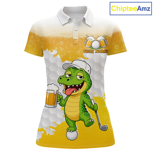 Custom Funny Alligator Drinking Beer Women Golf Polo Shirt  Personalized Team Uniform| Yellow NHT1617
