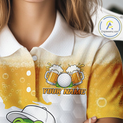 Custom Funny Alligator Drinking Beer Women Golf Polo Shirt  Personalized Team Uniform| Yellow NHT1617