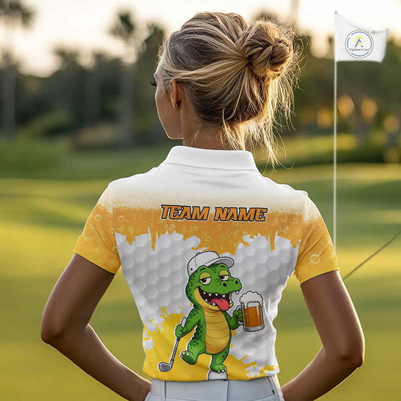Custom Funny Alligator Drinking Beer Women Golf Polo Shirt  Personalized Team Uniform| Yellow NHT1617