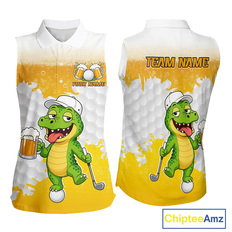 Custom Funny Alligator Drinking Beer Women Sleeveless Golf Polo Shirt  Personalized Team Uniform| Yellow NHT1617