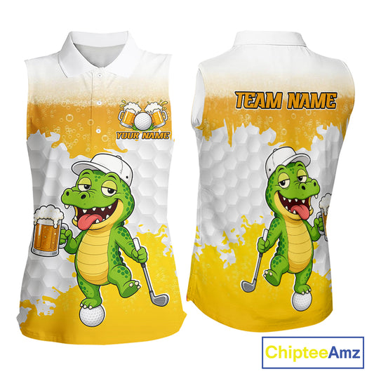 Custom Funny Alligator Drinking Beer Women Sleeveless Golf Polo Shirt  Personalized Team Uniform| Yellow NHT1617