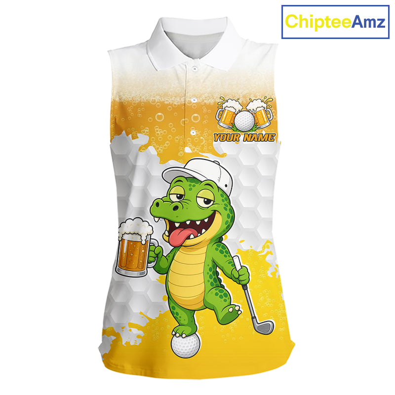Custom Funny Alligator Drinking Beer Women Sleeveless Golf Polo Shirt  Personalized Team Uniform| Yellow NHT1617