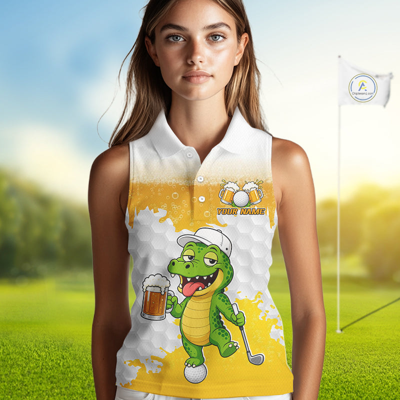 Custom Funny Alligator Drinking Beer Women Sleeveless Golf Polo Shirt  Personalized Team Uniform| Yellow NHT1617