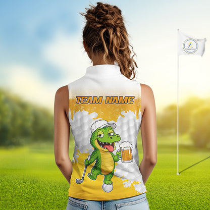 Custom Funny Alligator Drinking Beer Women Sleeveless Golf Polo Shirt  Personalized Team Uniform| Yellow NHT1617
