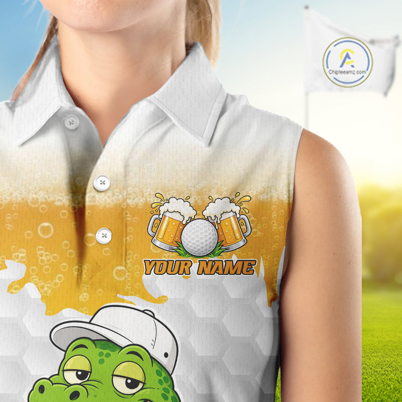 Custom Funny Alligator Drinking Beer Women Sleeveless Golf Polo Shirt  Personalized Team Uniform| Yellow NHT1617