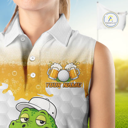 Custom Funny Alligator Drinking Beer Women Sleeveless Golf Polo Shirt  Personalized Team Uniform| Yellow NHT1617