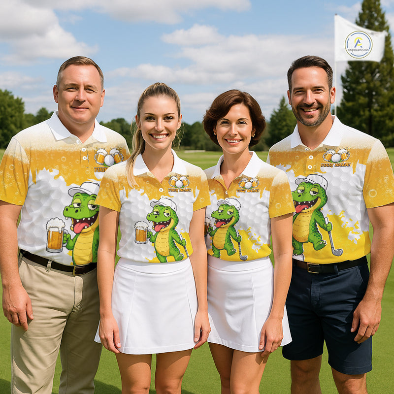 Custom Funny Alligator Drinking Beer Women Golf Polo Shirt  Personalized Team Uniform| Yellow NHT1617