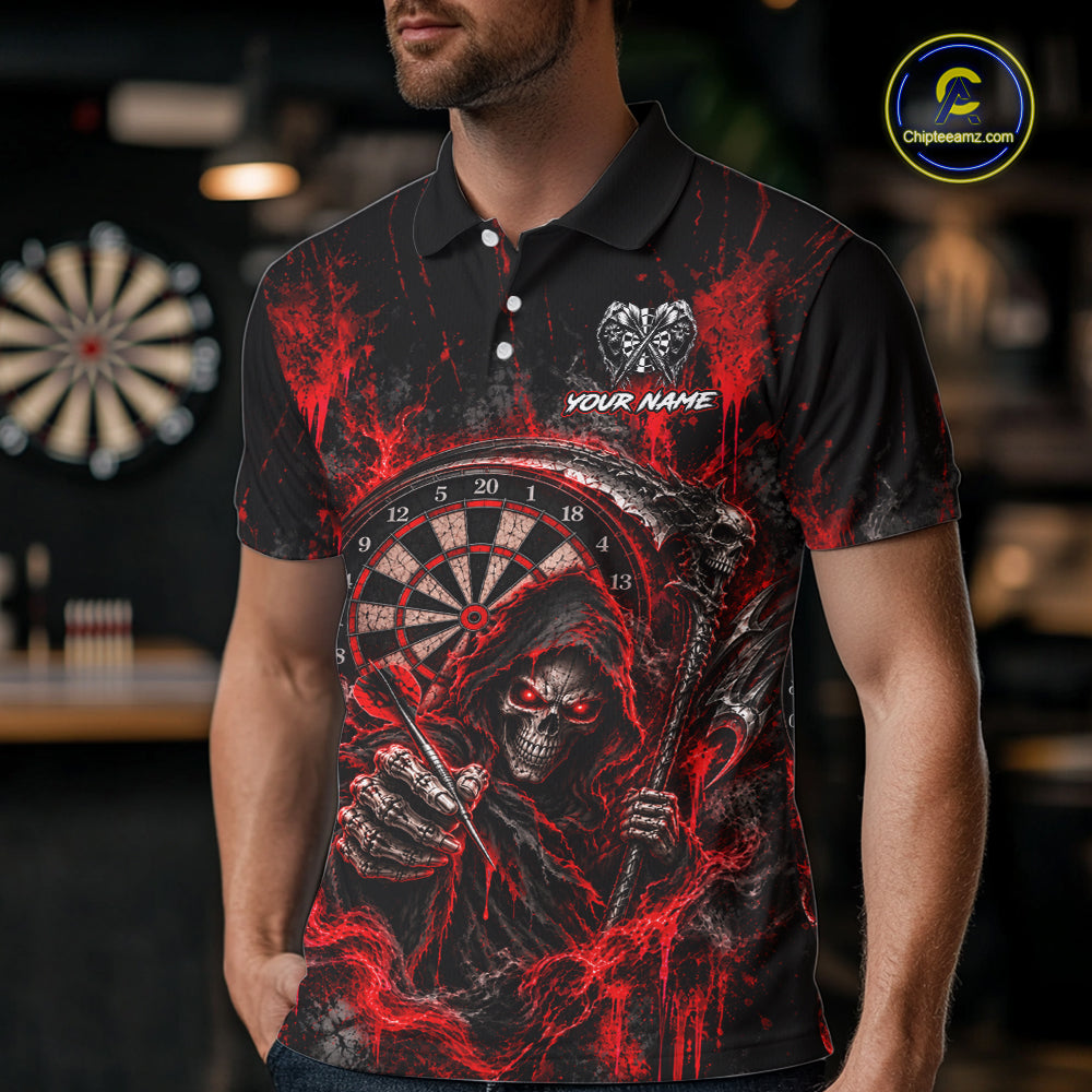 Grim Reaper Darts Polo Shirt For Men Custom Quarter Zip Red Blood Dart Board Tournament Jersey NHT1802
