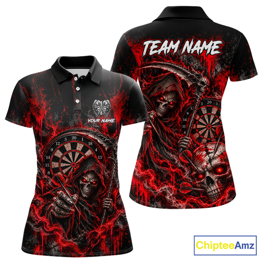 Grim Reaper Darts Polo Shirt For Women Custom Quarter Zip Red Blood Dart Board Tournament Jersey NHT1802